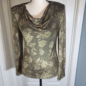Alex Evenings Women’s Small Gold Metallic Floral Cowl Neck Stretch Top